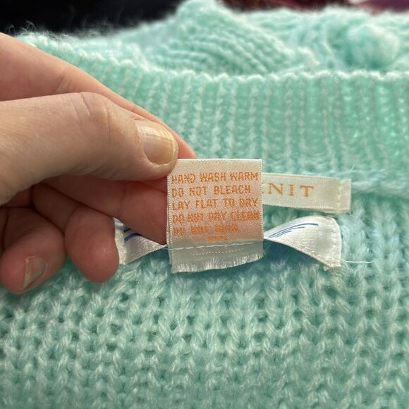 Vtg Hand Knit Cardigan Sweater Womens Medium Pastel Aqua Chunky Grandma 90s 80s - Picture 11 of 11
